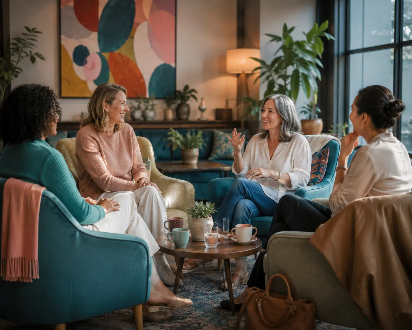 Four women sitting together in a warm living room, talking and supporting one another