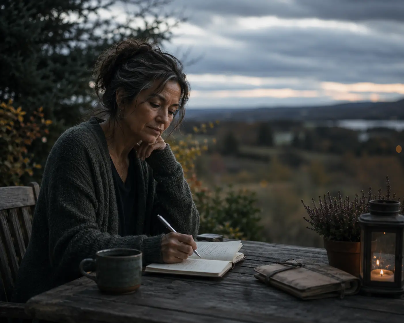 A woman journalling by candlelight at a rustic outdoor table at dusk